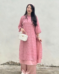 Bigsize Áo dài cổ tàu tay lỡ, áo dài lông vũ phối quần lụa cổ nơ kèm quần phù hợp đi chơi, đi dạo phố