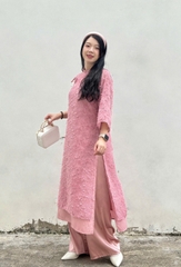 Bigsize Áo dài cổ tàu tay lỡ, áo dài lông vũ phối quần lụa cổ nơ kèm quần phù hợp đi chơi, đi dạo phố