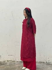 Bigsize Áo dài cổ tàu tay lỡ, áo dài lông vũ phối quần lụa cổ nơ kèm quần phù hợp đi chơi, đi dạo phố