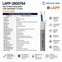 LAPP-3800764 / Cáp Tín Hiệu Chống Nhiễu LAPP UNITRONIC ST 2092 1x2x22 AWG