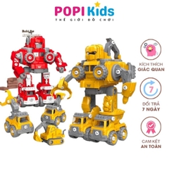 Robot Biến Hình Lắp Ráp Xe Công Trường Cứu Hỏa 5in1, Đồ Chơi Lắp Ghép Có Đèn Và Nhạc Cho Bé -POPIKIDS