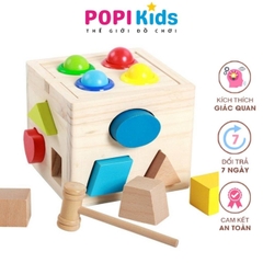 Đồ Chơi Gỗ Hộp Thả Hình Đập Bóng Hình Khối & Màu Sắc- Đồ Chơi Montessori Thông Minh Cho Bé- POPIKIDS