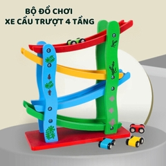 Đồ Chơi Xe Cầu Trượt 4 Tầng Bằng Gỗ Tặng Kèm 4 Ô Tô Cho Bé Yêu Phát Triển Tư Duy Trí Tuệ Toàn Diện- POPIKIDS