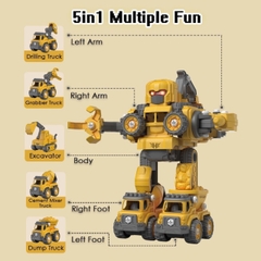 Robot Biến Hình Lắp Ráp Xe Công Trường Cứu Hỏa 5in1, Đồ Chơi Lắp Ghép Có Đèn Và Nhạc Cho Bé -POPIKIDS