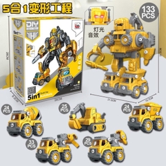 Robot Biến Hình Lắp Ráp Xe Công Trường Cứu Hỏa 5in1, Đồ Chơi Lắp Ghép Có Đèn Và Nhạc Cho Bé -POPIKIDS