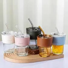 Ly thủy tinh bọc da 450ml có ống hút và dây treo – ca uống nước 420ml trong suốt có bao da cách nhiệt