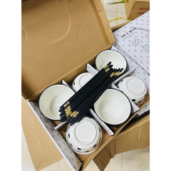 Bát Chấm Bi Trắng Đen – Bộ 6 Chén 6 Đũa (THUNG 20B)