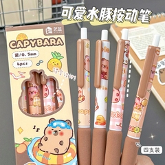 Hộp 4 bút bi bấm hoạ tiết Capybara dễ thương có đệm tay - Set 4 viết capybara mực gel màu đen cho học sinh, sinh viên