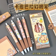 Hộp 4 bút bi bấm hoạ tiết Capybara dễ thương có đệm tay - Set 4 viết capybara mực gel màu đen cho học sinh, sinh viên