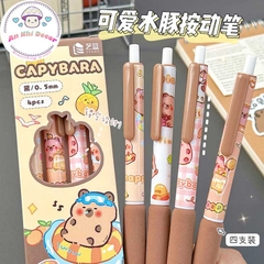 Hộp 4 bút bi bấm hoạ tiết Capybara dễ thương có đệm tay - Set 4 viết capybara mực gel màu đen cho học sinh, sinh viên