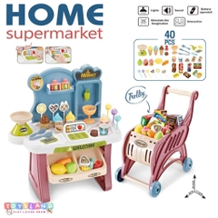 668-83  HỘP KỆ QUẦY TÍNH TIỀN SIÊU THỊ PIN + XE ĐẨY SIÊU THỊ 40 MIẾNG   Home Supermarket