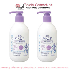 Sữa Dưỡng Thể Hatomugi Nâng Tông Da, Chống Nắng UV Care & Tone Up SPF31/PA+++ 250ml- Chai Tím