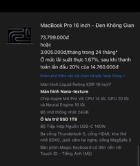 Macbook Pro 16-inch chip M4 Pro RAM 24GB SSD 1TB hình thức 99% pin 100% sạc 24l, care 11/12/2025