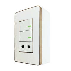 Bộ công tắc ổ cắm đơn viền vàng 2 công tắc 1 ổ cắm 2 chấu và đế nổi đơn