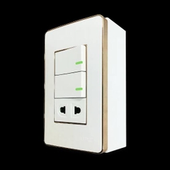Bộ công tắc ổ cắm đơn 2 công tắc 1 ổ cắm 2 chấu và đế nổi đơn