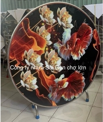 Bàn tròn inox mặt kính cường lực Cá  ba đuôi và Hoa (inox 304)