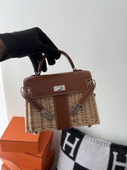 Kelly Mini Picnic Basket 20cm - Gold Brown with Silver Hardware