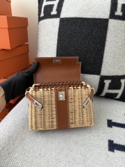 Kelly Mini Picnic Basket 20cm - Gold Brown with Silver Hardware