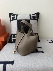Picotin Lock 22cm Original Leather TC Clemence in Etoupe Grey with Gold Hardware