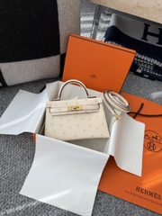 Mini Kelly II Ostrich Leather Bag - Nata Color with Gold Hardware