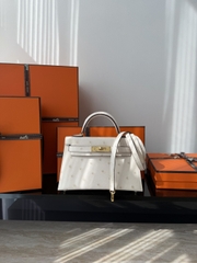 Mini Kelly II Ostrich Leather Bag - Nata Color with Gold Hardware
