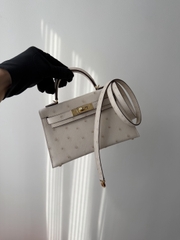 Mini Kelly II Ostrich Leather Bag - Nata Color with Gold Hardware