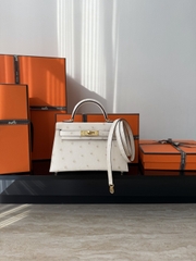 Mini Kelly II Ostrich Leather Bag - Nata Color with Gold Hardware