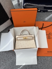 Mini Kelly II Ostrich Leather Bag - Nata Color with Gold Hardware