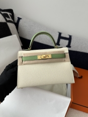 Kelly Mini II Epsom Textured Calfskin Leather CC10 Craie Milkshake White & 3I Vert Criquet Avocado Green Gold Hardware