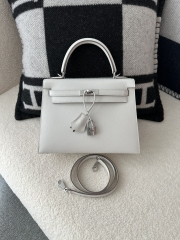 Kelly 25cm Epsom Textured Calfskin Leather M4 Gris Pale Milk Grey Silver Hardware