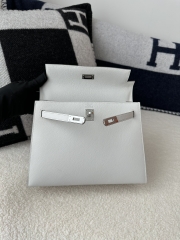 Kelly 25cm Epsom Textured Calfskin Leather M4 Gris Pale Milk Grey Silver Hardware
