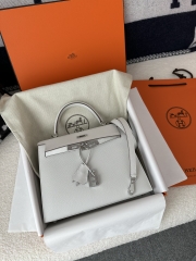 Kelly 25cm Epsom Textured Calfskin Leather M4 Gris Pale Milk Grey Silver Hardware