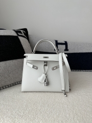 Kelly 25cm Epsom Textured Calfskin Leather M4 Gris Pale Milk Grey Silver Hardware