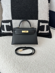 Kelly Mini II Epsom Textured Calfskin Leather CC89 Noir Black Gold Hardware 100% Handmade with Waxed Thread Stitching