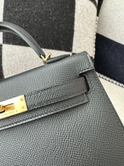 Kelly Mini II Epsom Textured Calfskin Leather CC89 Noir Black Gold Hardware 100% Handmade with Waxed Thread Stitching