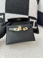 Kelly Mini II Epsom Textured Calfskin Leather CC89 Noir Black Gold Hardware 100% Handmade with Waxed Thread Stitching