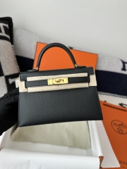 Kelly Mini II Epsom Textured Calfskin Leather CC89 Noir Black Gold Hardware 100% Handmade with Waxed Thread Stitching