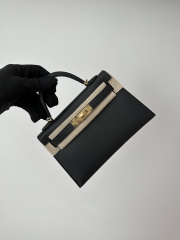 Kelly Mini II Epsom Textured Calfskin Leather CC89 Noir Black Gold Hardware 100% Handmade with Waxed Thread Stitching