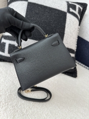 Kelly Mini II Epsom Textured Calfskin Leather CC89 Noir Black Gold Hardware 100% Handmade with Waxed Thread Stitching