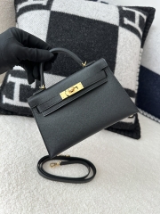 Kelly Mini II Epsom Textured Calfskin Leather CC89 Noir Black Gold Hardware 100% Handmade with Waxed Thread Stitching