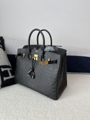 Birkin 35cm Touch Klein Karoo South African Ostrich Leather & Shiny Alligator Crocodile CC89 Noir Black Gold Hardware