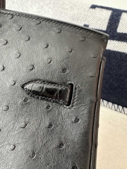 Birkin 35cm Touch Klein Karoo South African Ostrich Leather & Shiny Alligator Crocodile CC89 Noir Black Gold Hardware