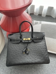Birkin 35cm Touch Klein Karoo South African Ostrich Leather & Shiny Alligator Crocodile CC89 Noir Black Gold Hardware