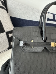 Birkin 35cm Touch Klein Karoo South African Ostrich Leather & Shiny Alligator Crocodile CC89 Noir Black Gold Hardware