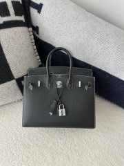 Birkin 25cm Epsom Textured Calfskin Leather CK89 Noir Black Silver Hardware White Stitching Horseshoe Logo