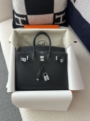 Birkin 25cm Epsom Textured Calfskin Leather CK89 Noir Black Silver Hardware White Stitching Horseshoe Logo