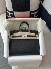Birkin 25cm Epsom Textured Calfskin Leather CK89 Noir Black Silver Hardware White Stitching Horseshoe Logo