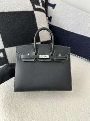 Birkin 25cm Epsom Textured Calfskin Leather CK89 Noir Black Silver Hardware White Stitching Horseshoe Logo