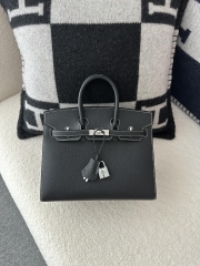 Birkin 25cm Epsom Textured Calfskin Leather CK89 Noir Black Silver Hardware White Stitching Horseshoe Logo
