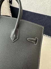 Birkin 25cm Epsom Textured Calfskin Leather CK89 Noir Black Silver Hardware White Stitching Horseshoe Logo